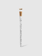 Silver bottle chiller with wood and white top.  Long, slender design with textured silver body.