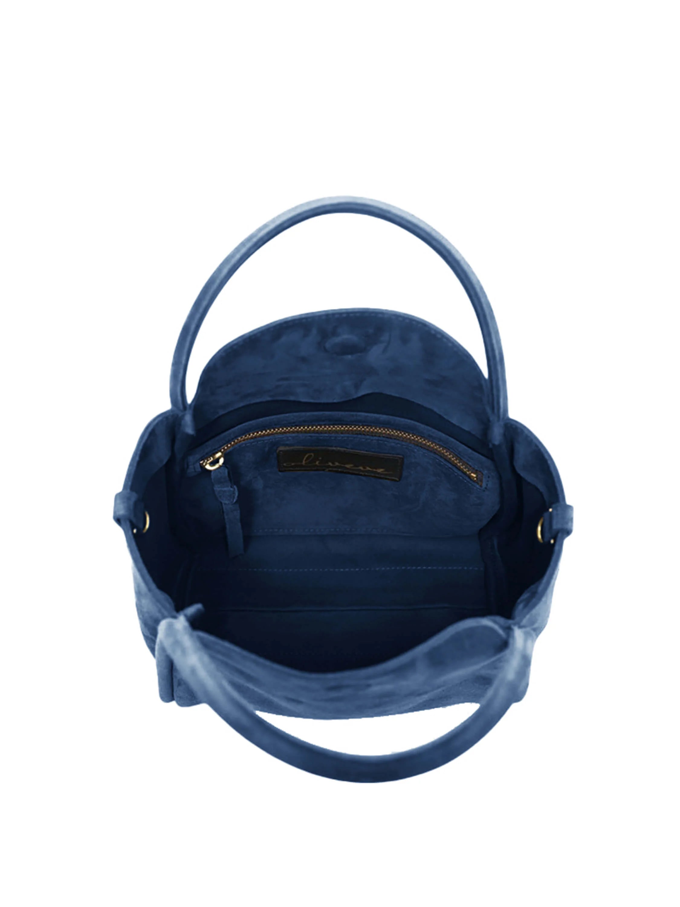 Dark blue suede satchel; top view showing interior.  Gold zipper and handles.