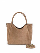 Taupe suede satchel with top handles and removable shoulder strap; gold-toned hardware.