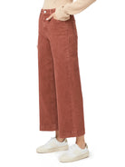 Faded reddish-brown wide-leg jeans. High-waisted, cropped length, with visible front pockets and button.
