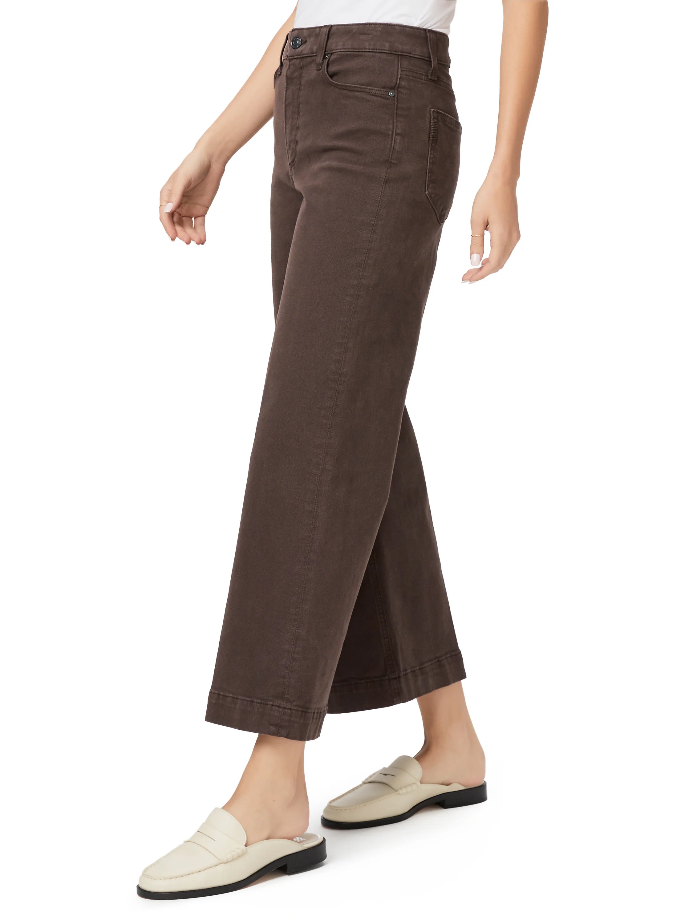 Dark brown wide-leg denim jeans with a cropped length, featuring visible front and back pockets.