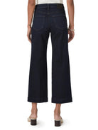 Dark wash, wide-leg cropped jeans; back view.