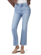 Light wash, ankle-flare jeans on a model.  The jeans are a light blue denim.  The model is wearing gold sandals.