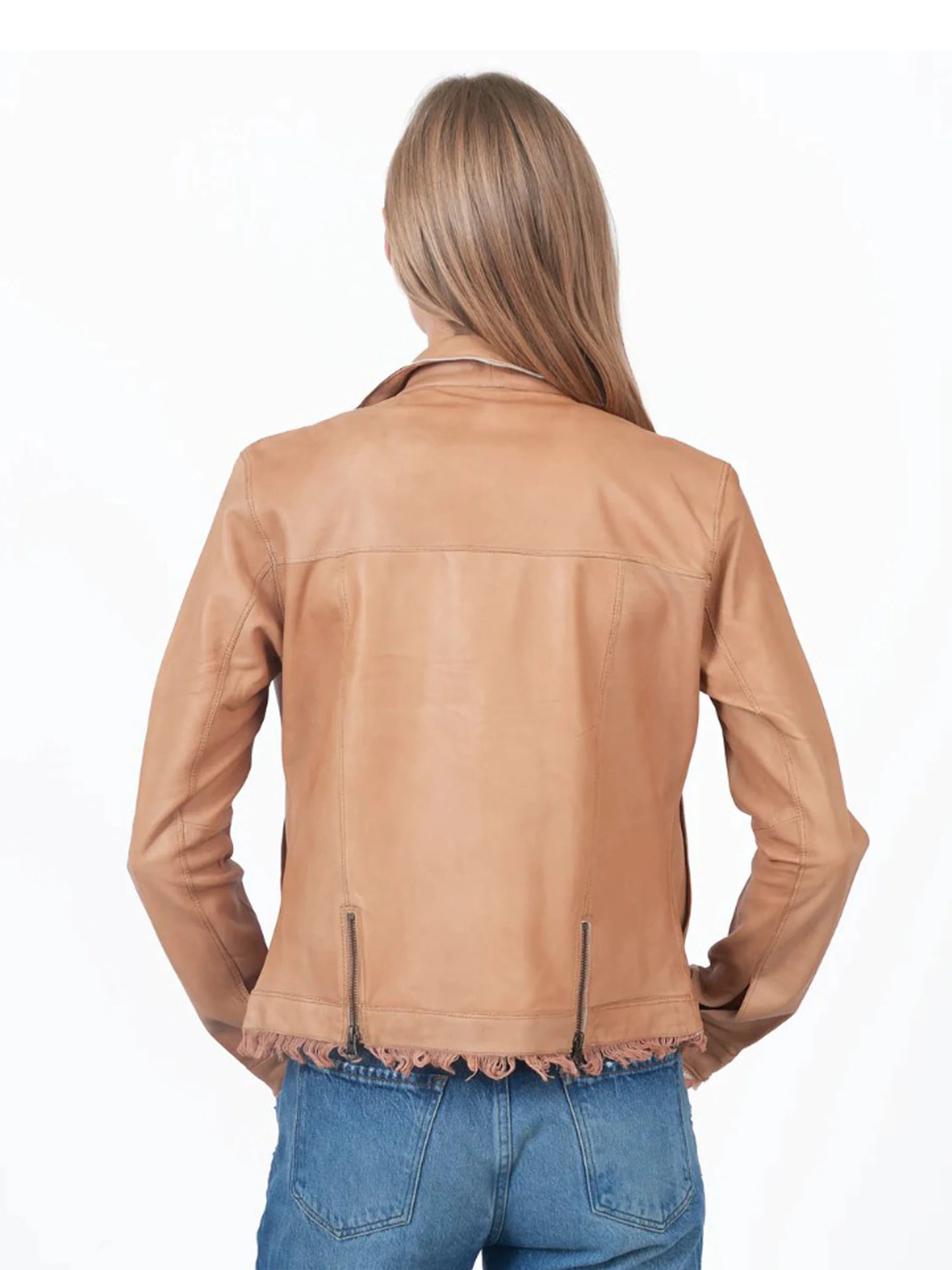 Light brown leather jacket, shown from the back.  Features a frayed hem and side zippers.