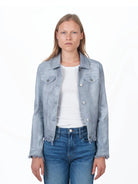 Light gray leather jacket, button front, frayed cuffs and hem. Silver buttons.