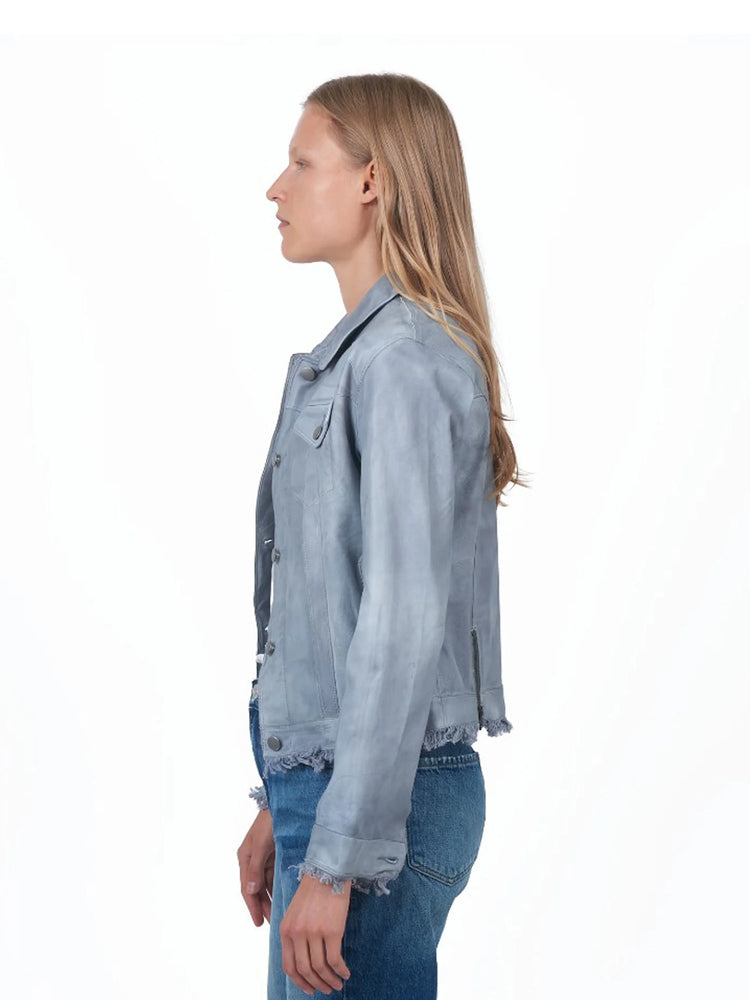 Light grey leather jacket, cropped, frayed hem and cuffs.  Silver buttons and zipper.