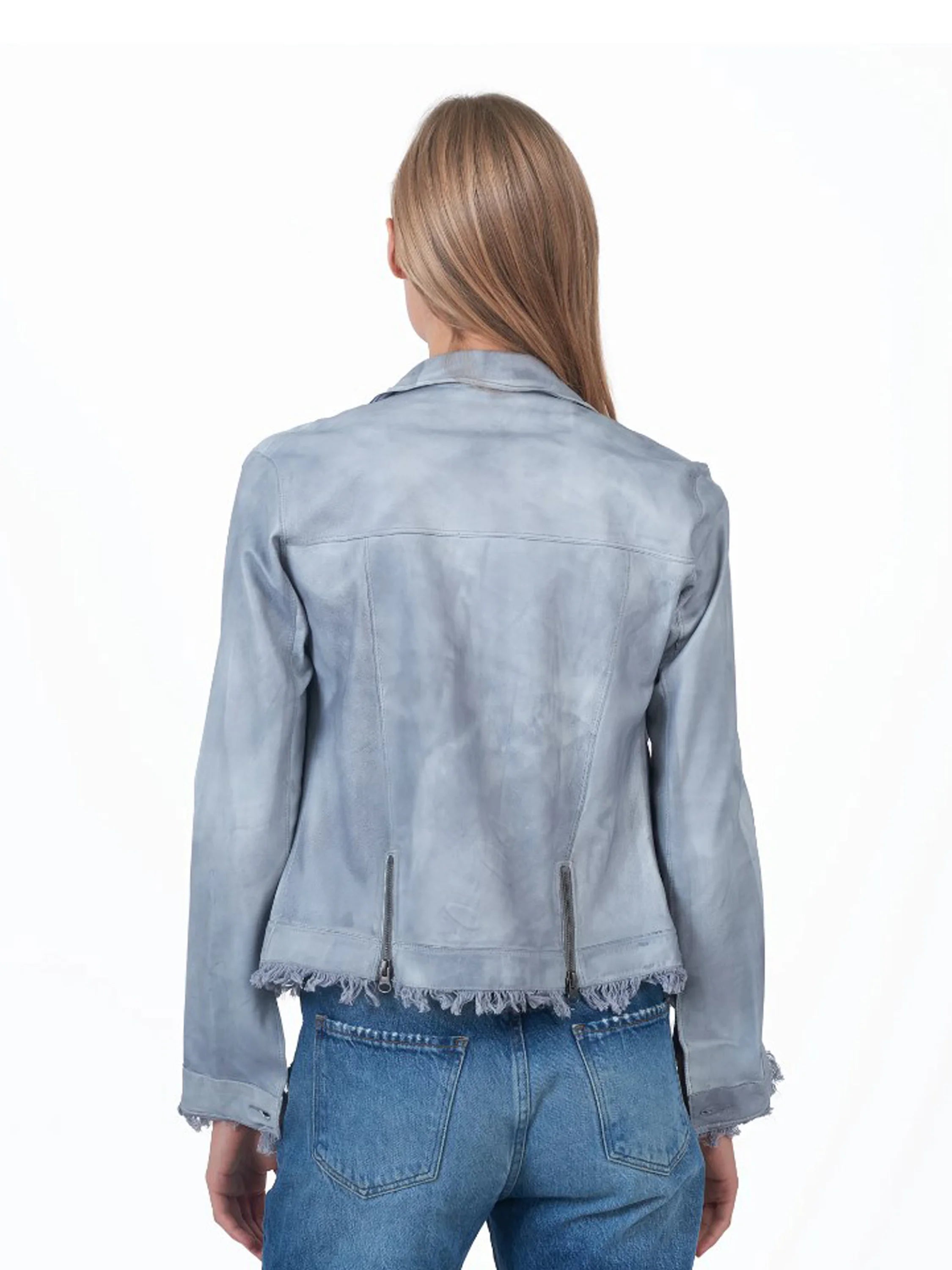 Light blue leather jacket, back view.  Frayed hem and cuffs.  Zipper closures at sides.