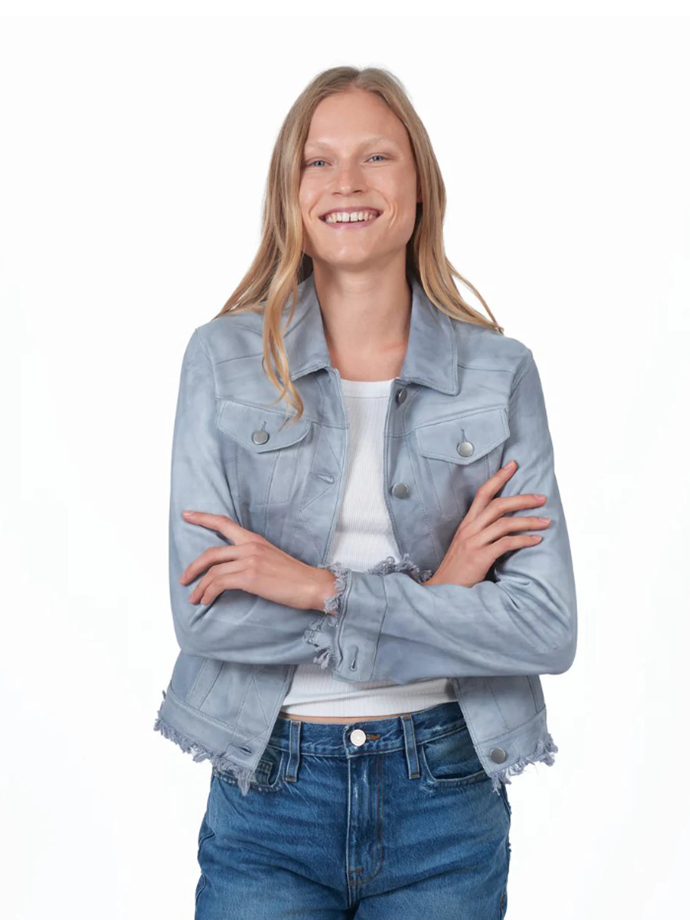 Light blue leather jacket, denim-style, frayed hem, silver buttons.