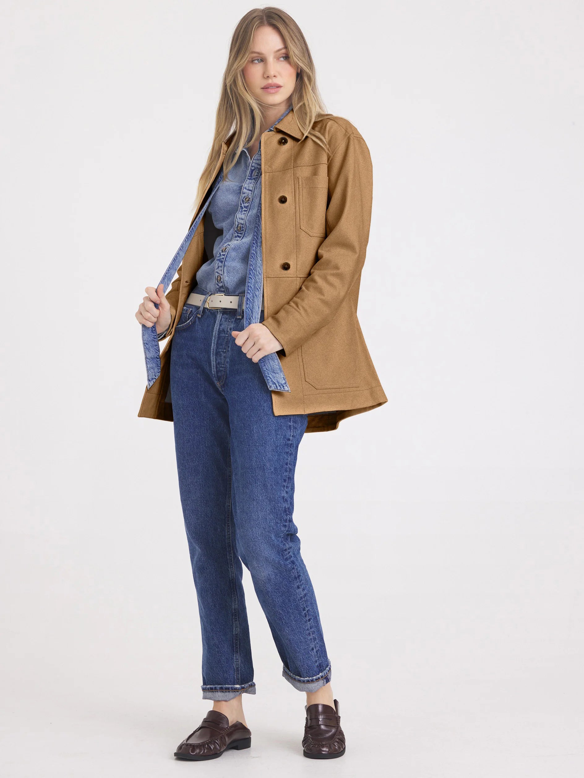 Camel Harper Jacket with collar, button front, and four patch pockets.