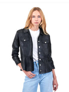 Jkt Brie Burnished Leather With Peplum Heam in Blk