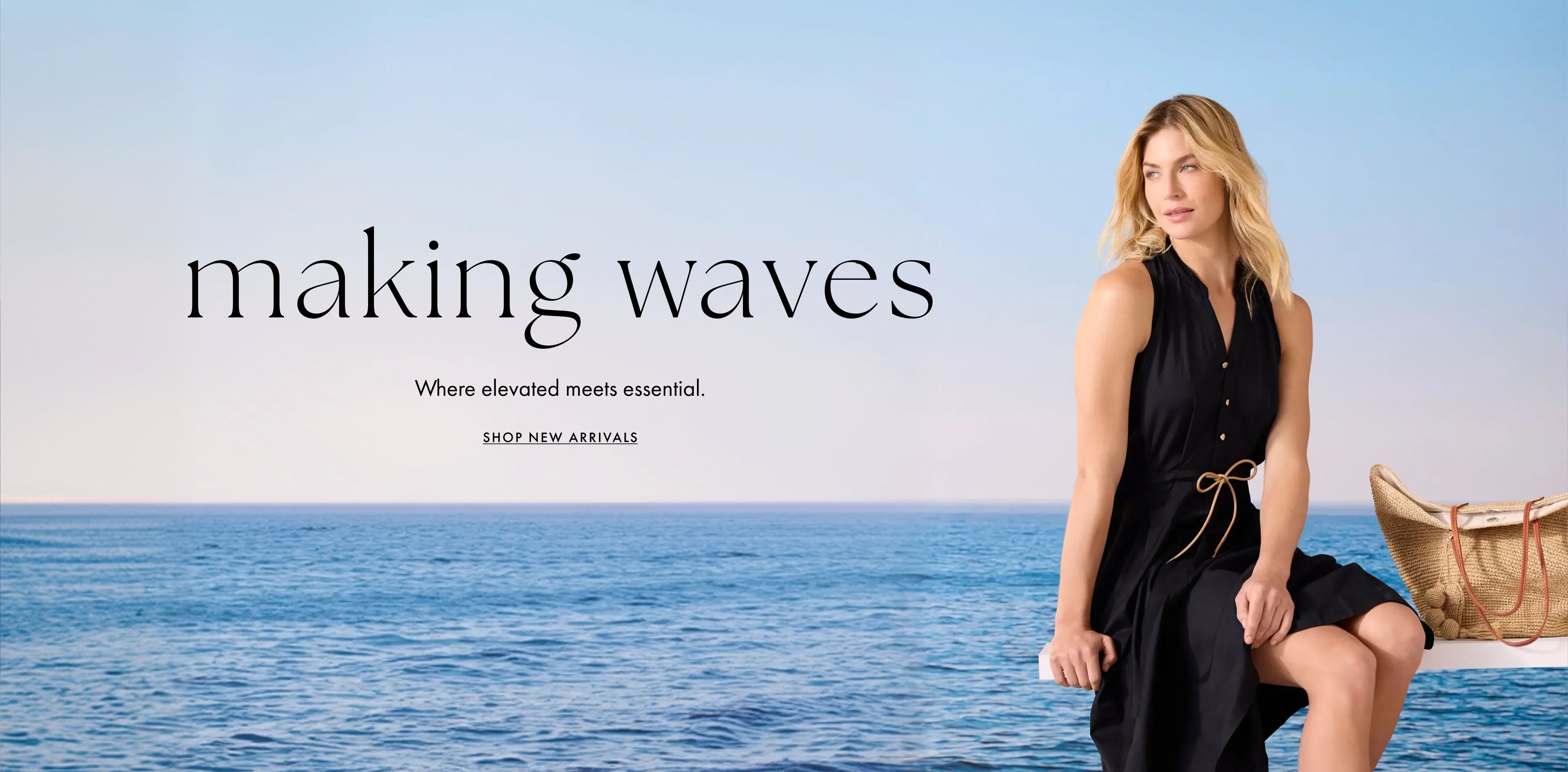 Woman in a black dress sitting on a dock with ocean view, promotional text overlay.