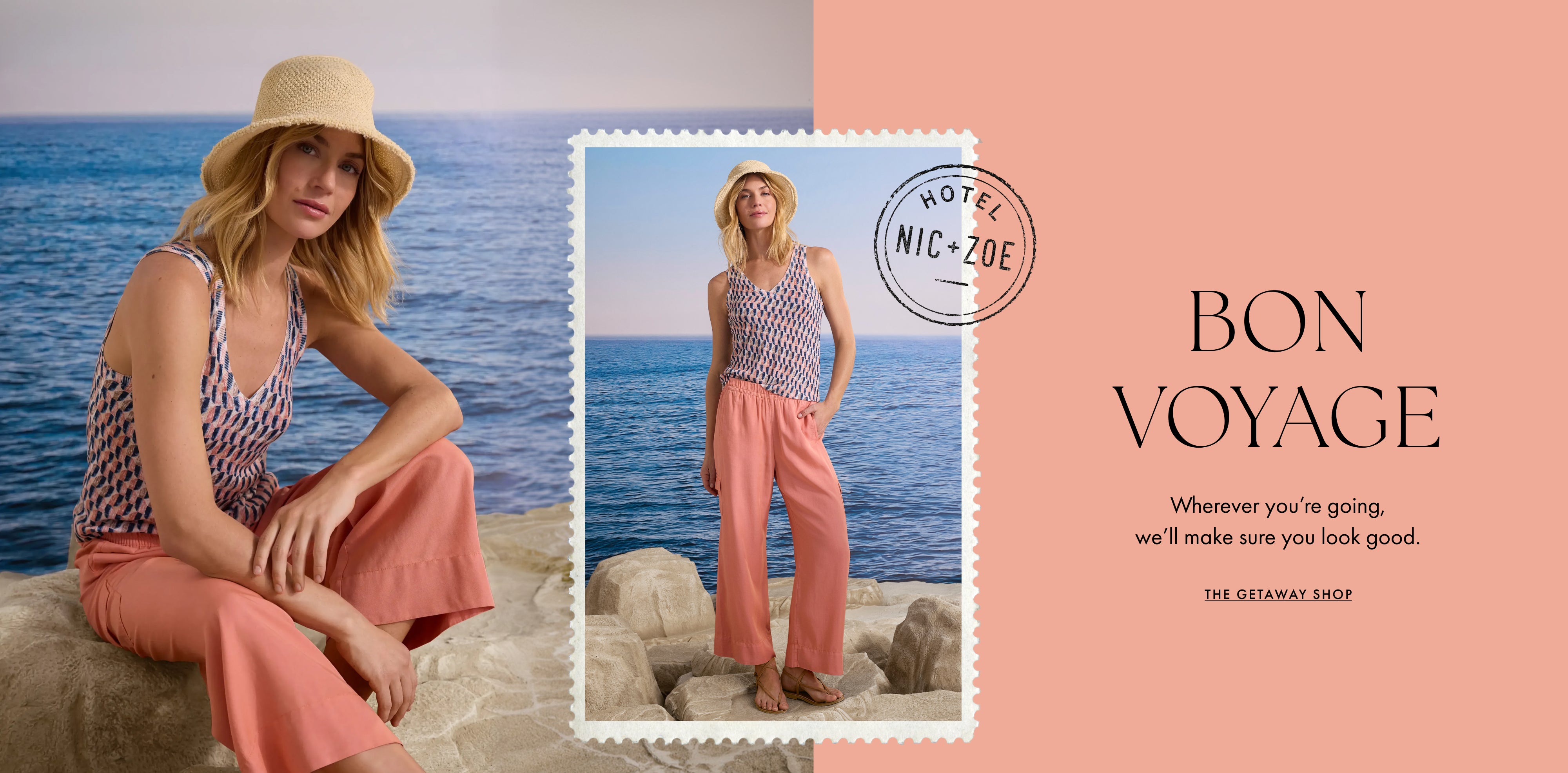 Woman sitting by the ocean with 'Nic & Zoe' branding and 'Bon Voyage' text.