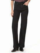 Black, high-waisted, wide-leg jeans with front pockets and a visible button closure.