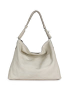 Off-white leather shoulder bag with braided handles and zipper closure.