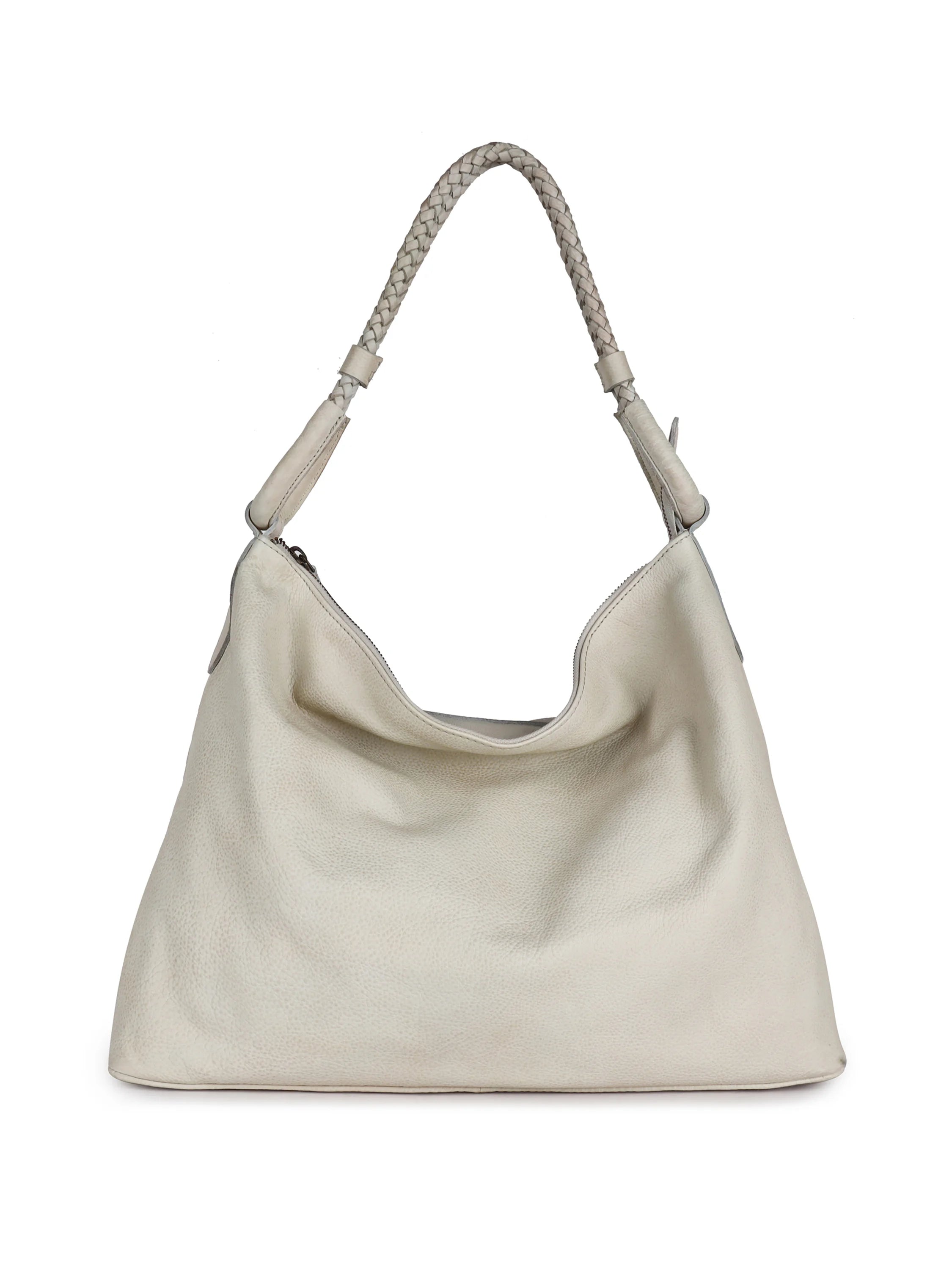Off-white leather shoulder bag with braided handles and zipper closure.