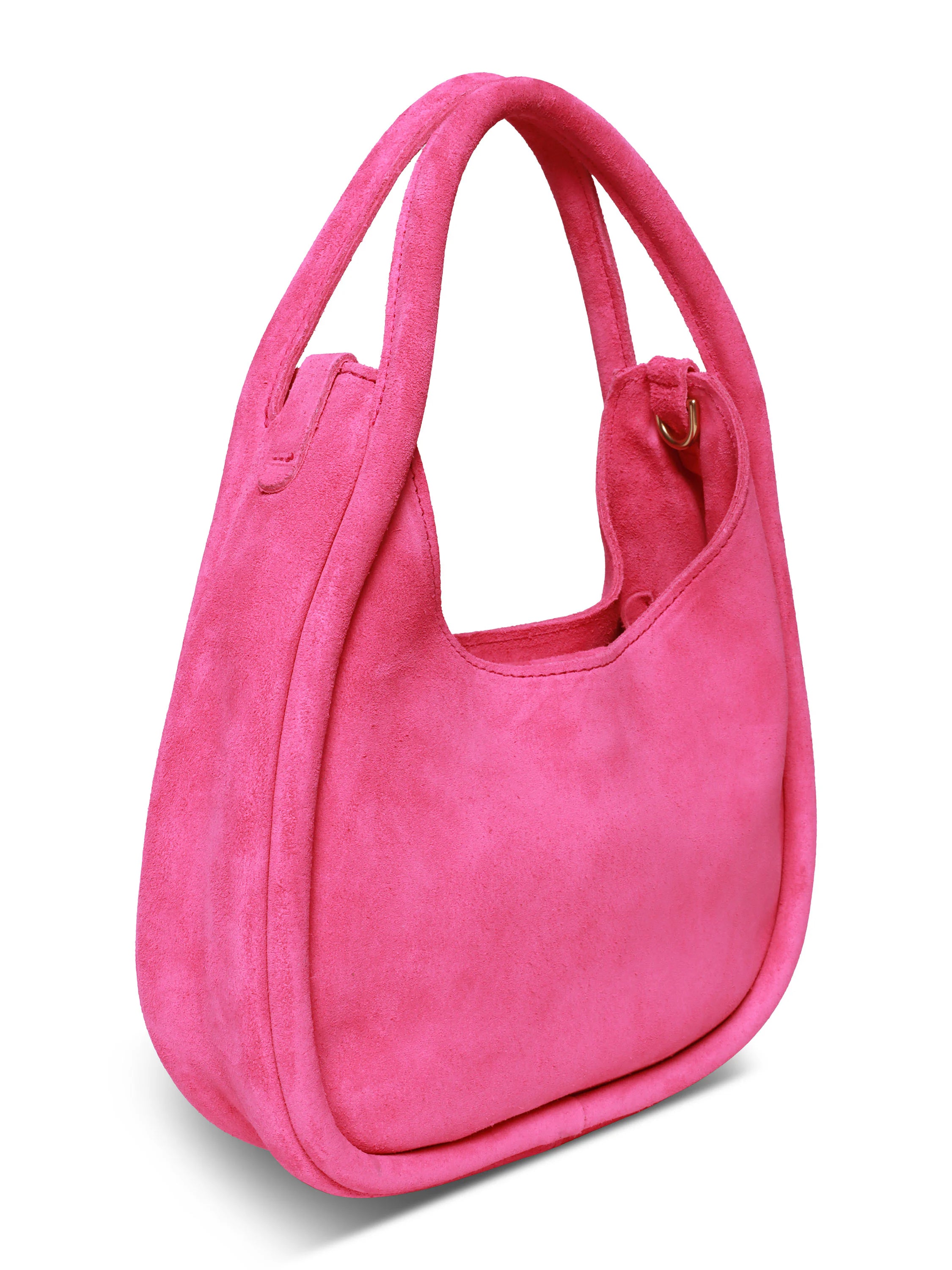 Pink suede crossbody bag with top handles; gold-tone hardware.