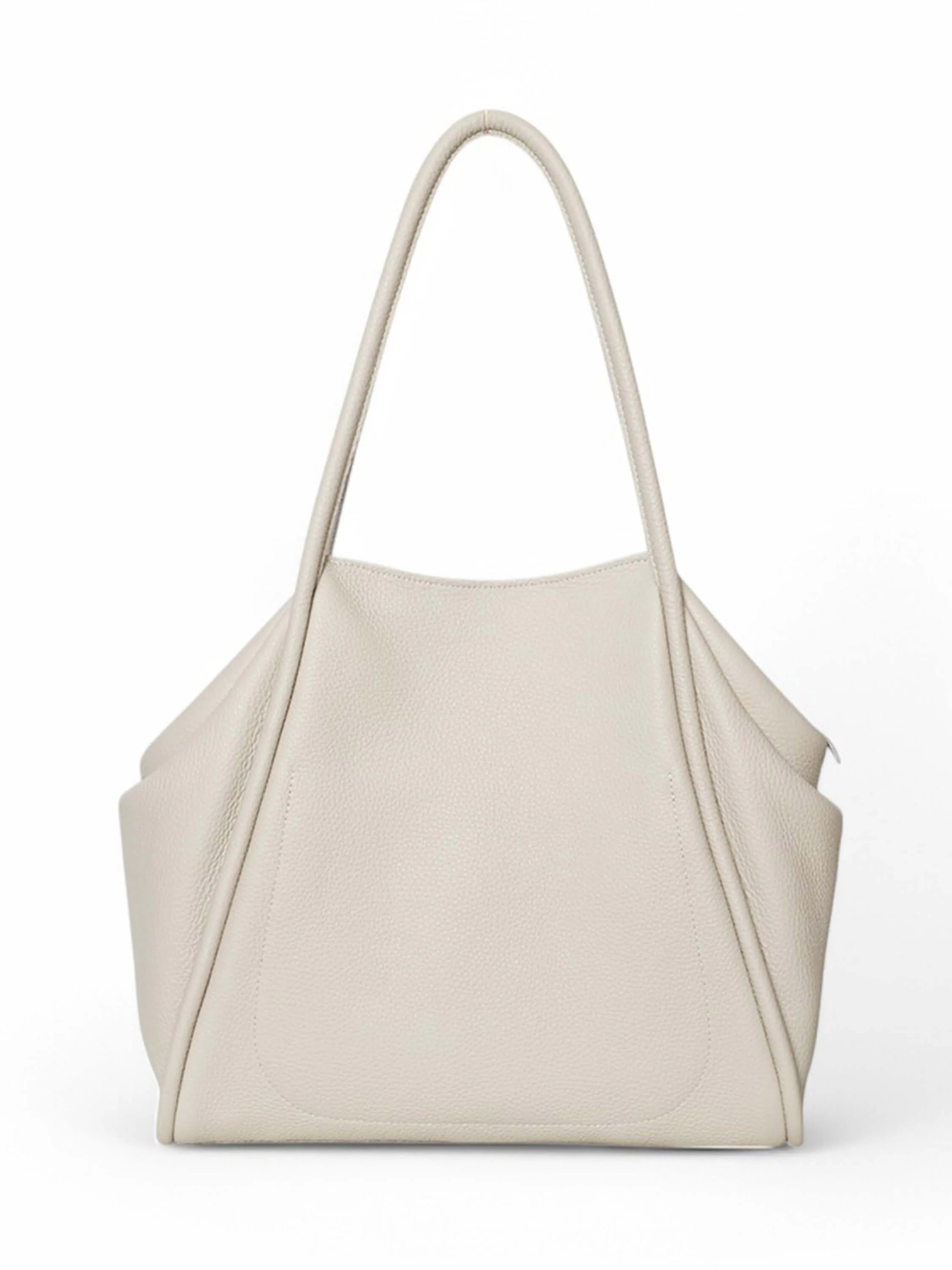 Off-white tote bag with two top handles.  Textured, slightly pebbled leather-like material.