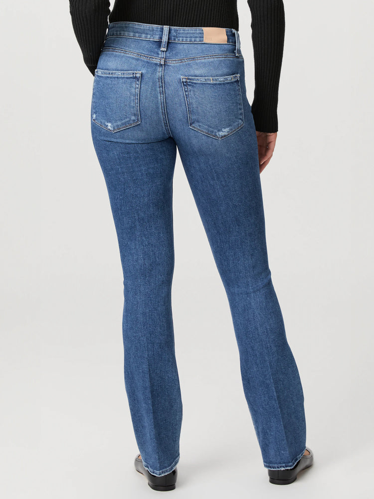 Here's alt text for the image, under 125 characters:

"Paige Manhattan Boot jeans, medium wash denim, slight distressing...