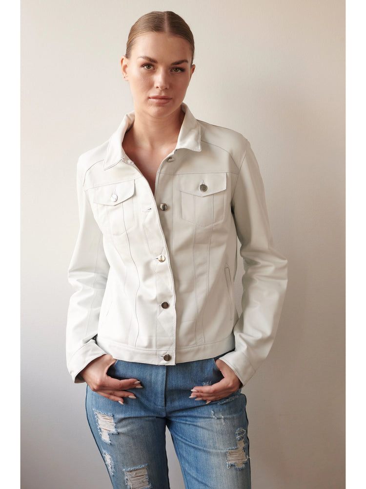 Off-white leather jacket, button front, two chest pockets.  Silver buttons.