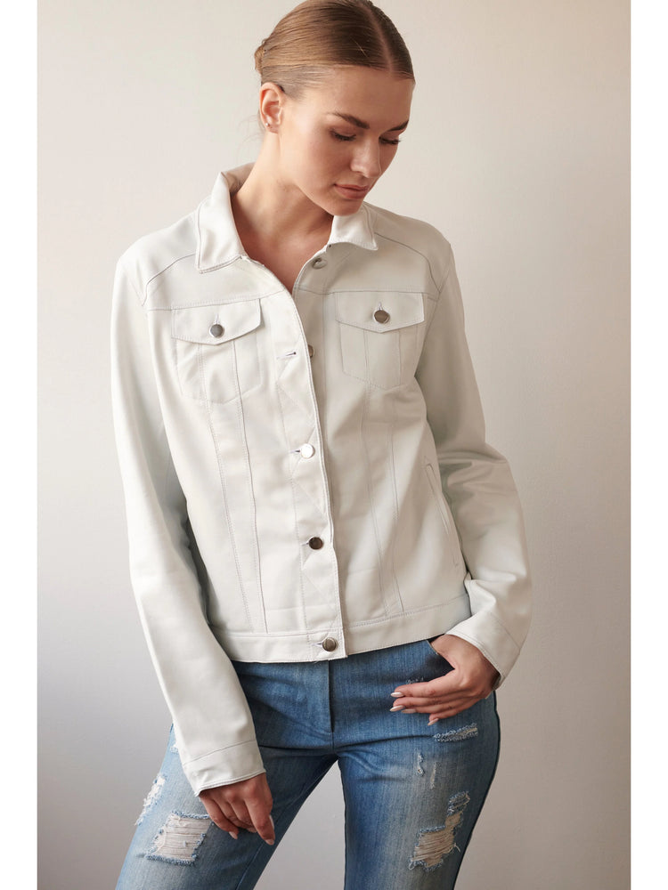 Off-white leather jacket, button front, two pockets.  Silver buttons.
