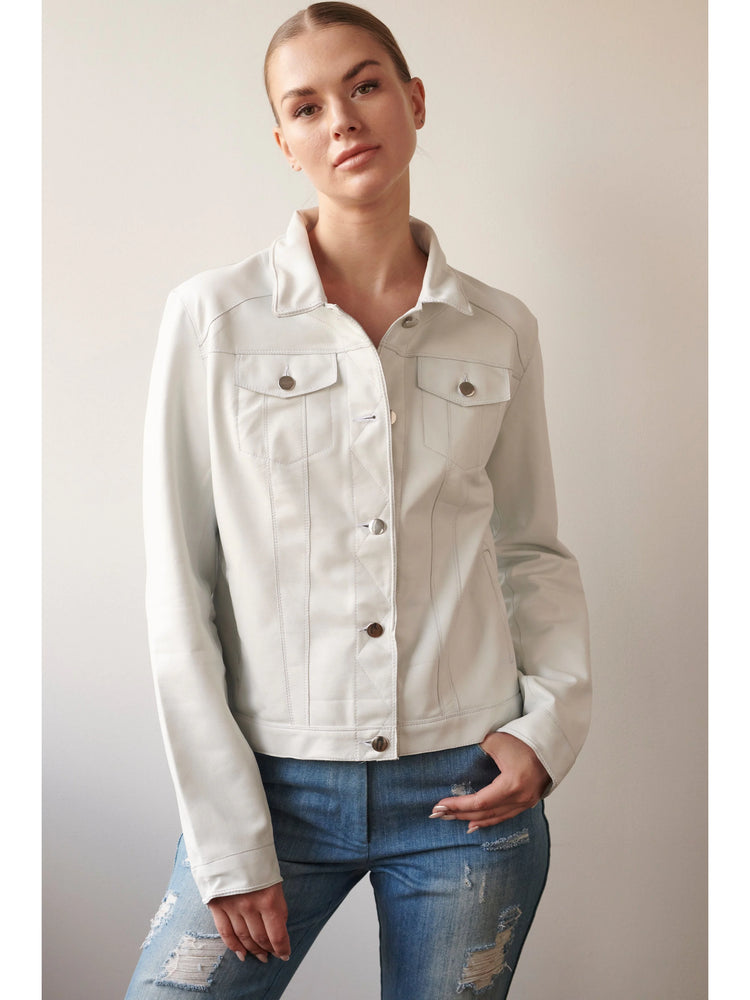 Off-white leather jacket, button front, two chest pockets, long sleeves. Silver buttons.