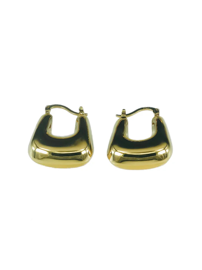 Two gold, chunky square hoop earrings with softly rounded edges.