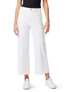 White wide-leg jeans with a raw hem, cropped length. Silver button closure and visible front pockets.
