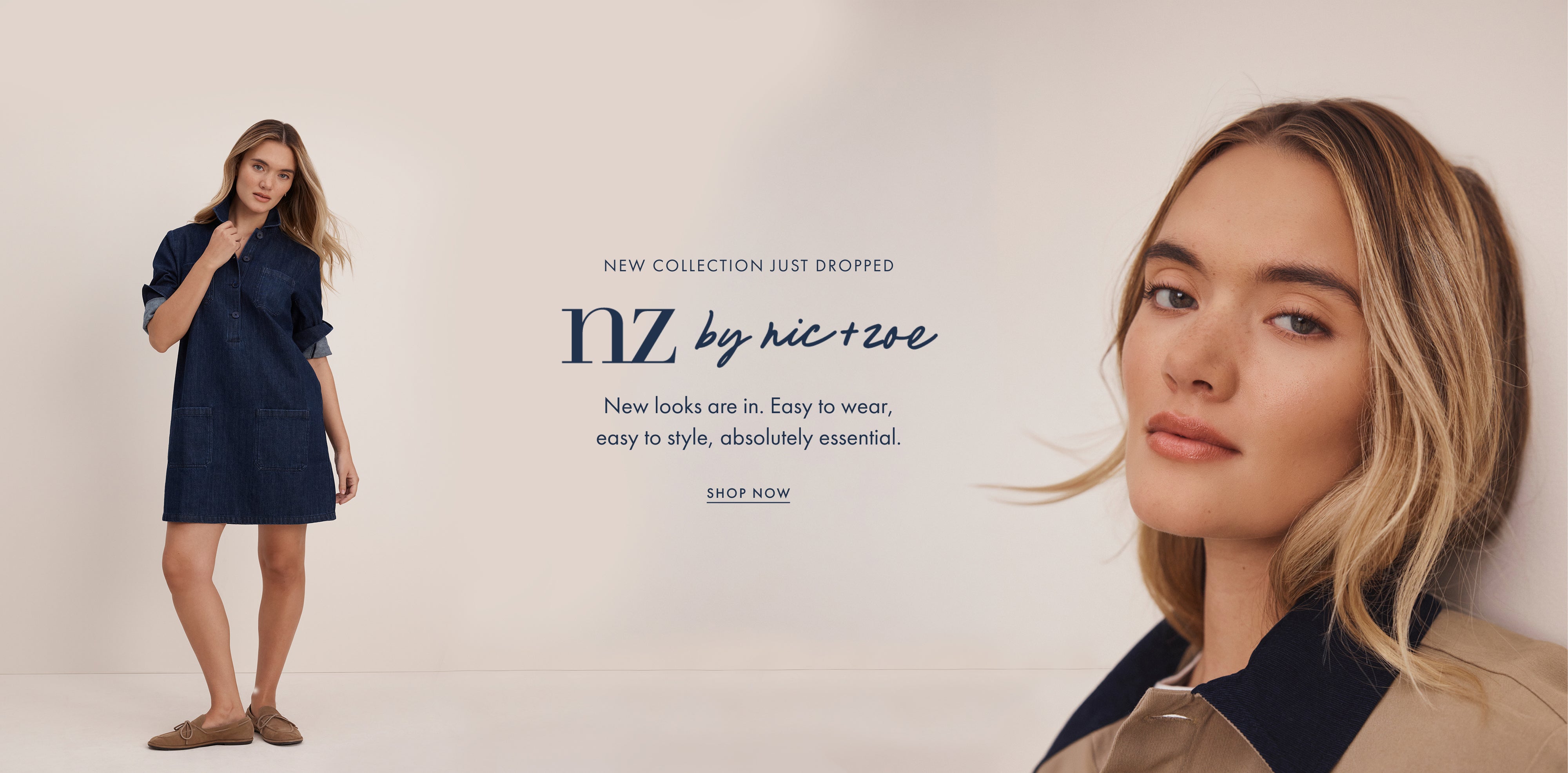 A promotional fashion banner for 'nz by nic+zoe' showing a model in a navy blue shirt dress on the left and a close-up portrait of a blonde model on the right, with text reading 'New Collection Just Dropped' and 'nz by nic+zoe'.