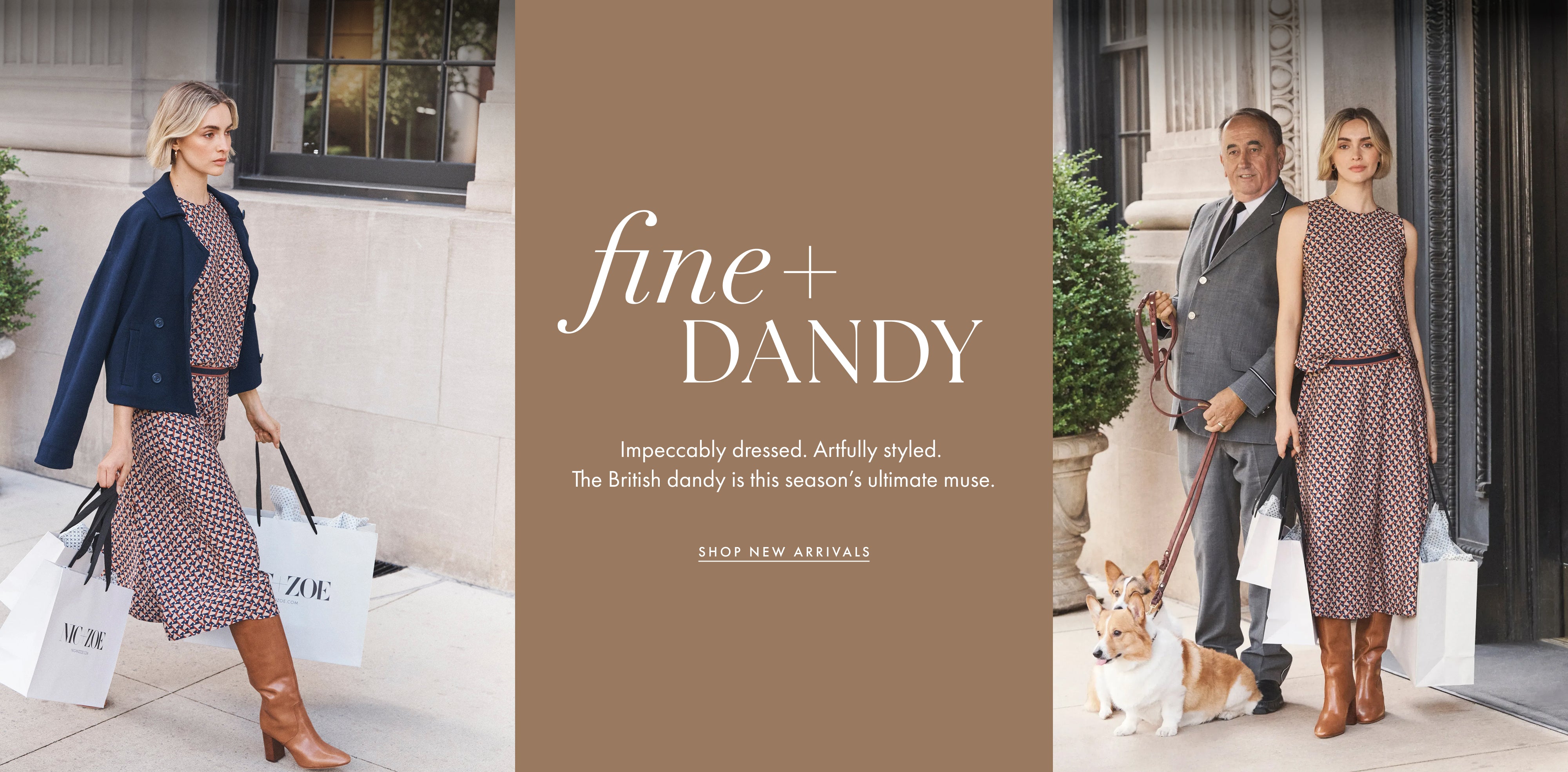 A fashion promotional banner with a central tan panel reading 'fine + DANDY' and 'SHOP NEW ARRIVALS,' flanked by two outdoor lifestyle photos. The left photo shows a woman in a navy blazer and a brown-and-white patterned dress carrying shopping bags.