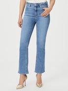 Light wash, bootcut jeans with a linear coin pocket.  Features visible stitching.