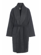Oversized charcoal robe coat featuring a relaxed fit, wide shawl collar, and a matching self-tie fabric waist belt.