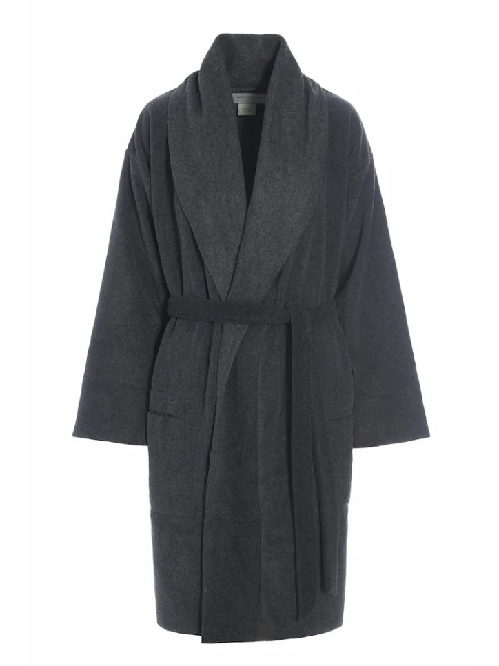 Oversized charcoal robe coat featuring a relaxed fit, wide shawl collar, and a matching self-tie fabric waist belt.