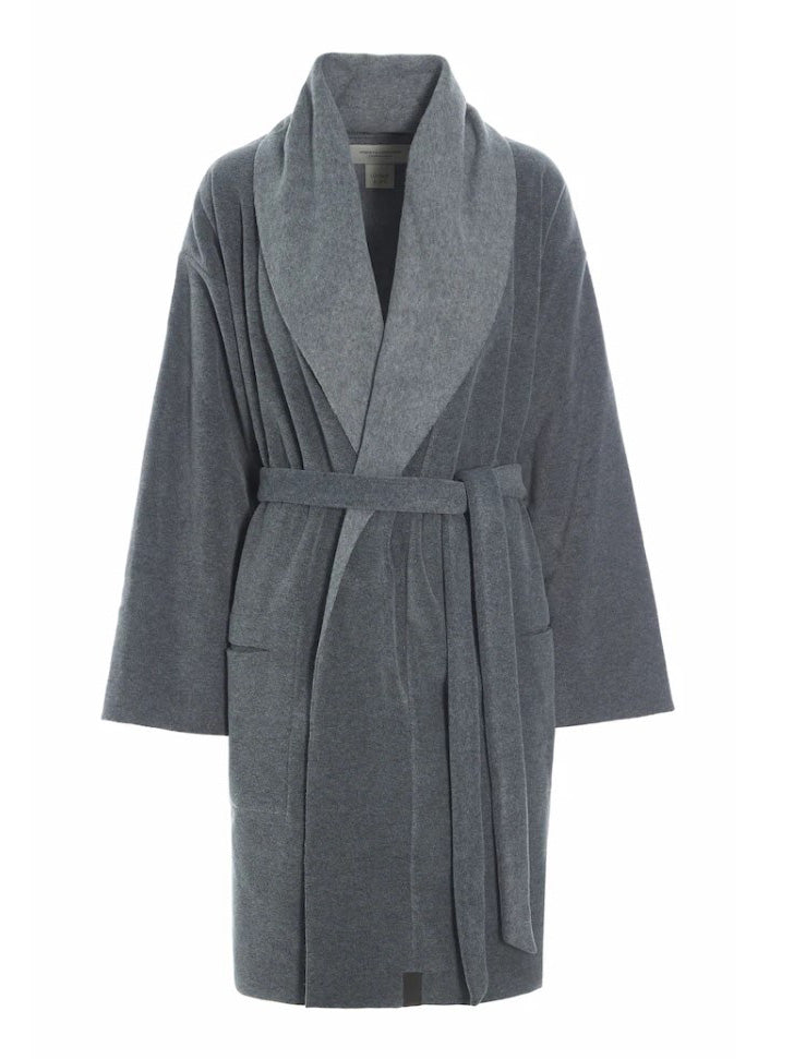 This oversized gray robe has a plush fabric, a wide shawl collar, and a self-tie waist belt.