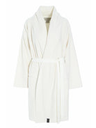 Relaxed cream short robe with a wide shawl collar and matching fabric waist tie.