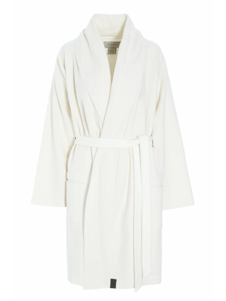 Relaxed cream short robe with a wide shawl collar and matching fabric waist tie.