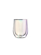 Image of a stemless double-walled glass with an iridescent, pastel finish showing hints of pink, purple, and blue.