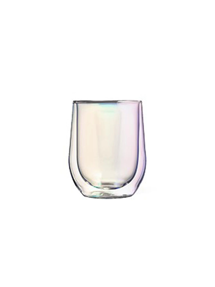 Image of a stemless double-walled glass with an iridescent, pastel finish showing hints of pink, purple, and blue.