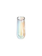 Set of iridescent champagne flutes.  Pale peach, blue, and pink hues shift across the glass.