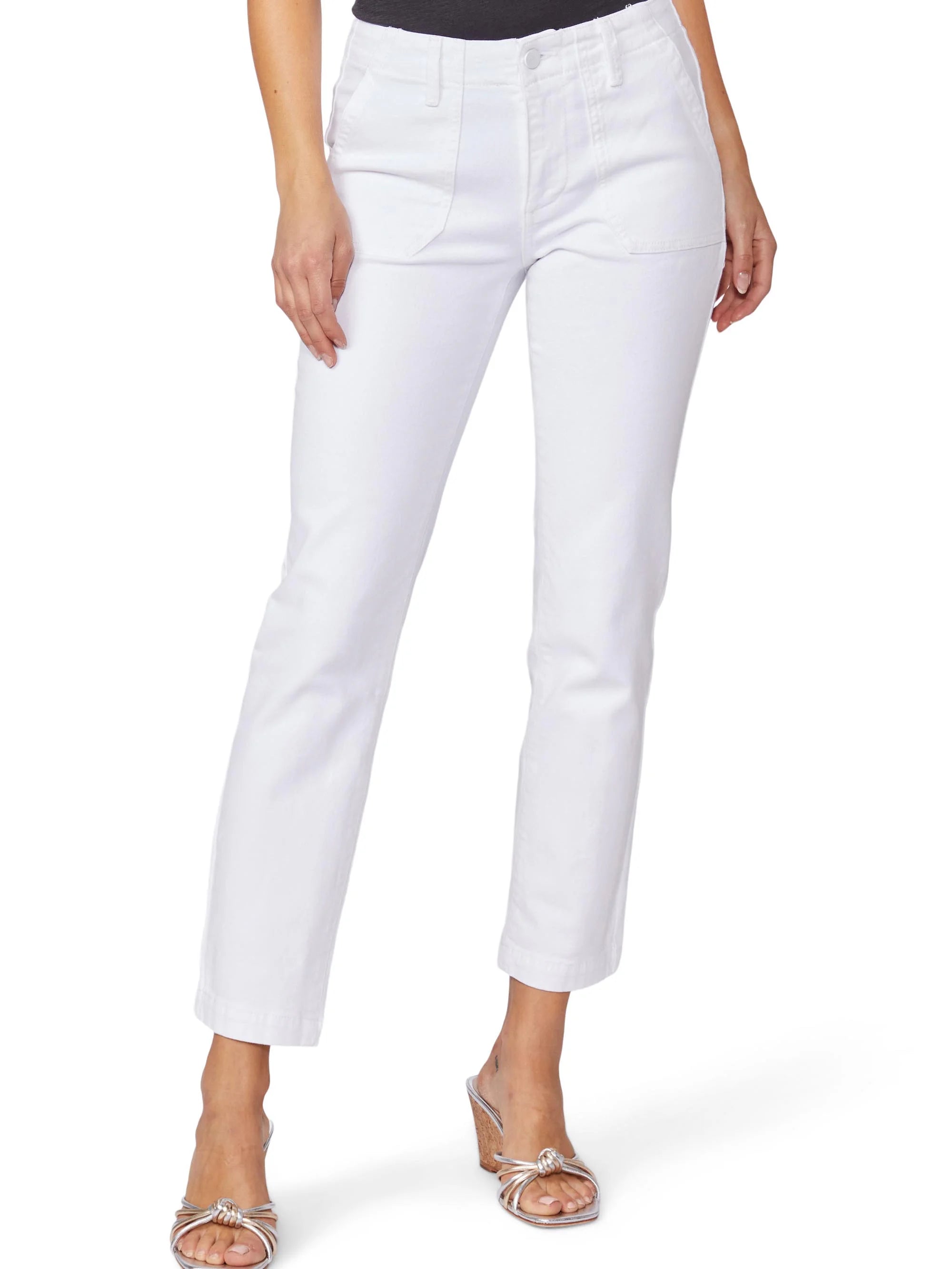 White straight ankle jeans with prominent front patch pockets, belt loops, and a button closure, worn by a model.