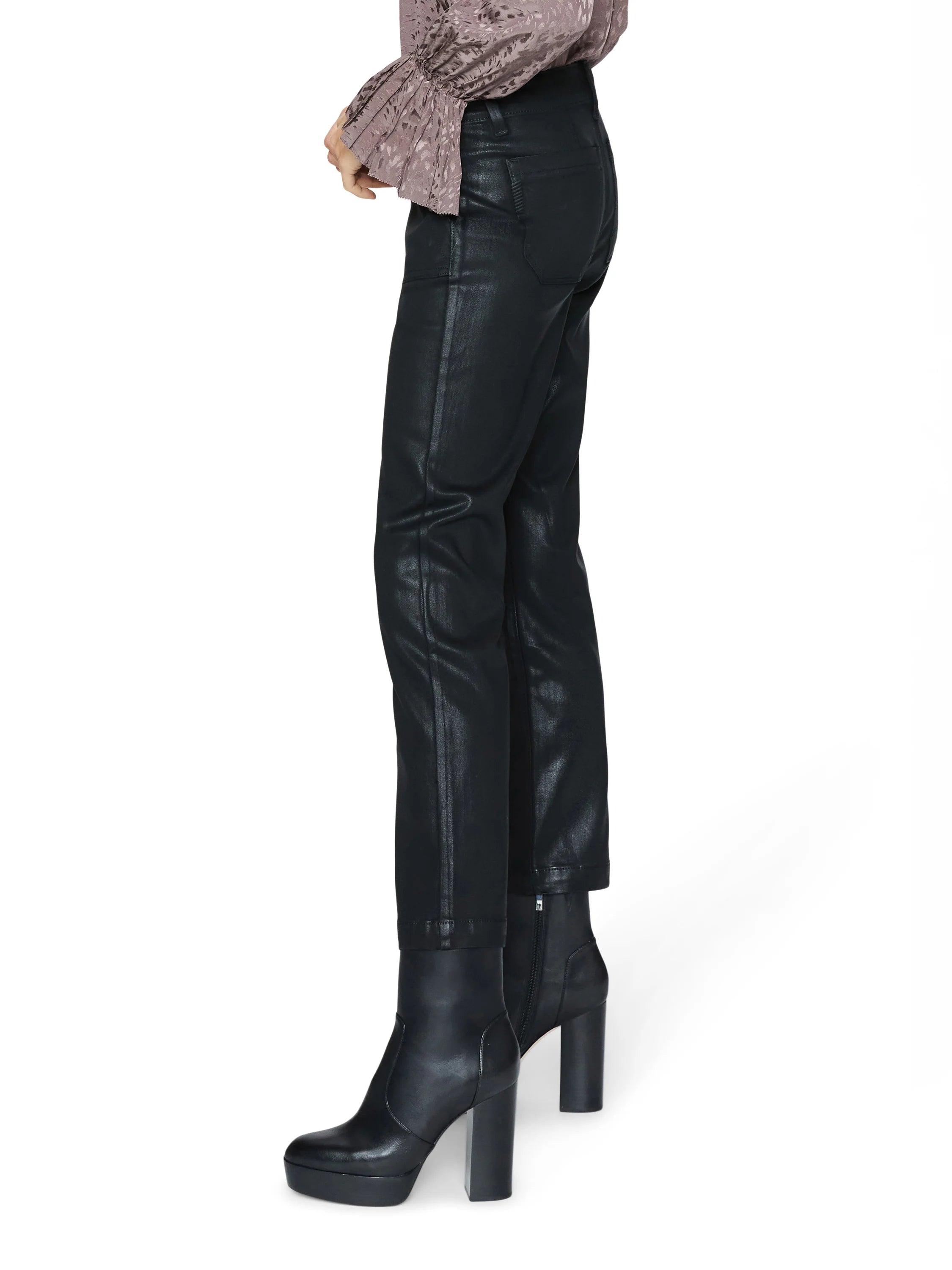 Black coated straight ankle jeans with a subtle sheen. They feature a straight-leg cut.