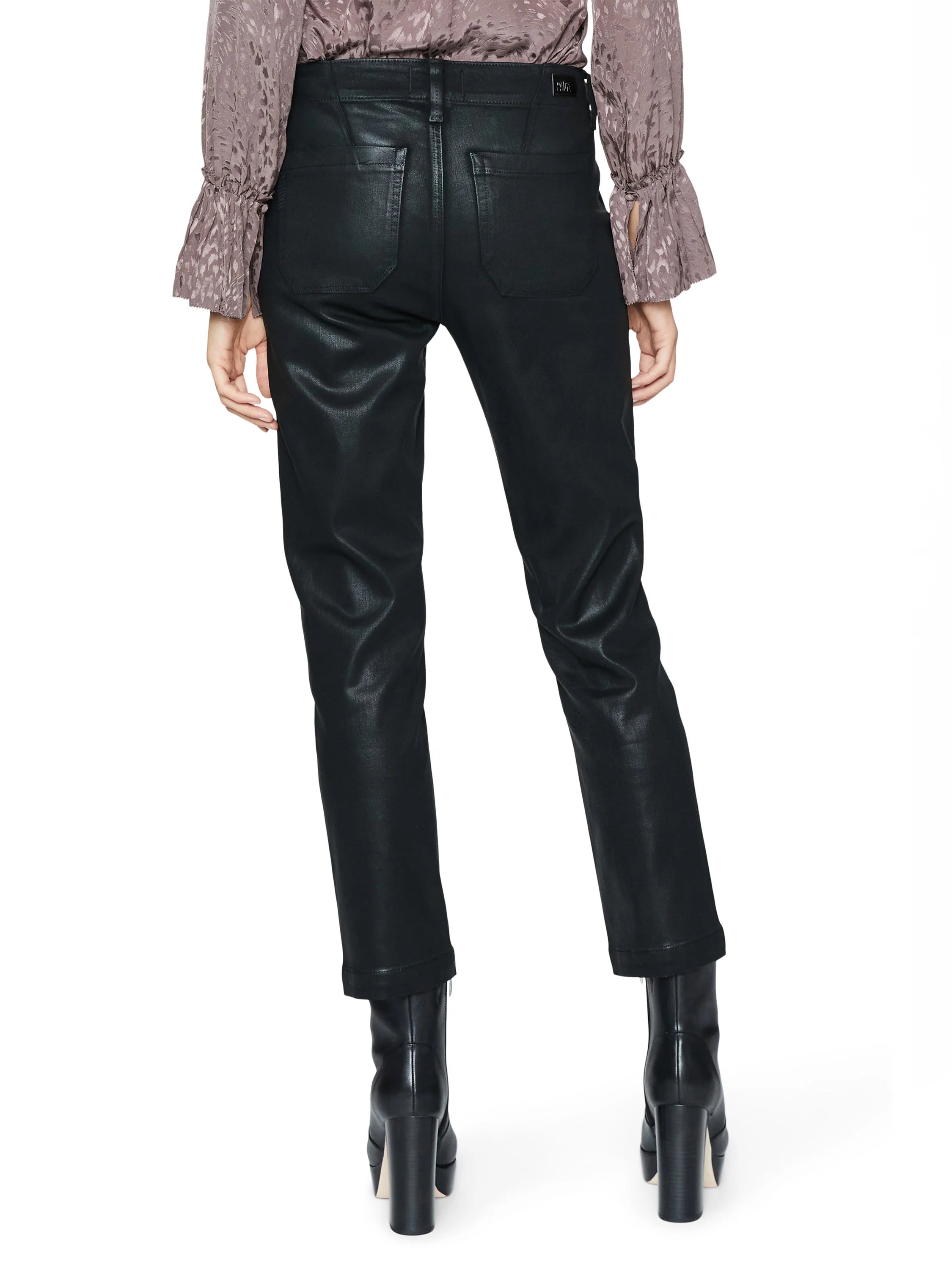 Back view of coated black straight ankle jeans with visible back pockets and a subtle sheen.