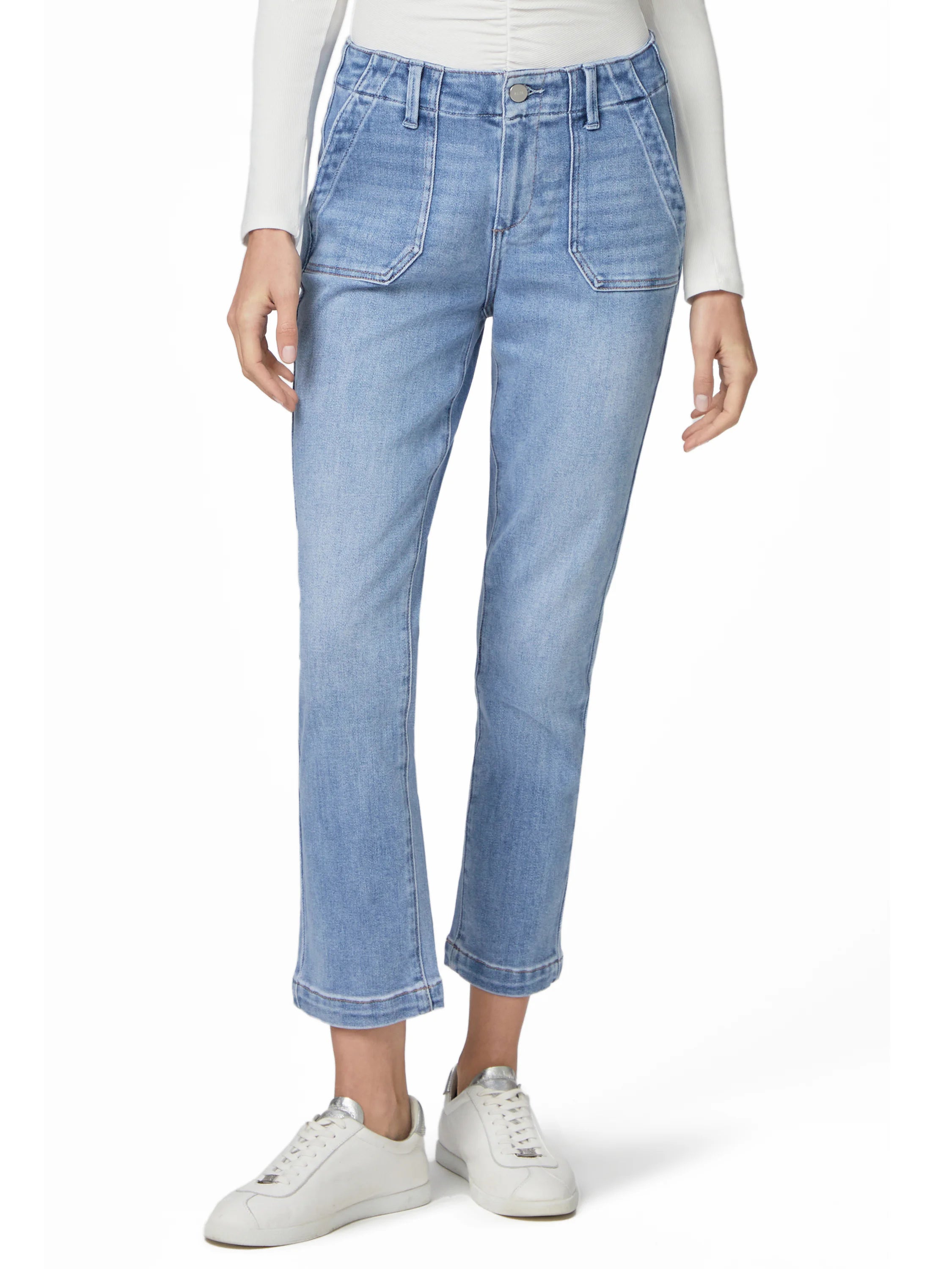 Faded light blue straight ankle jeans with prominent front patch pockets, button closure, and a clean hem.