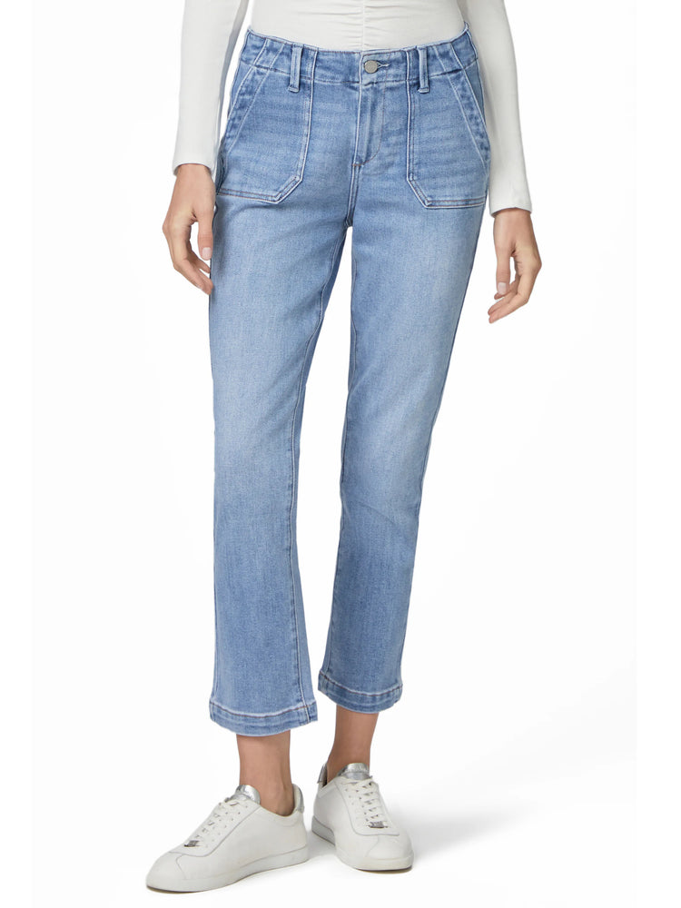 Faded light blue straight ankle jeans with prominent front patch pockets, button closure, and a clean hem.