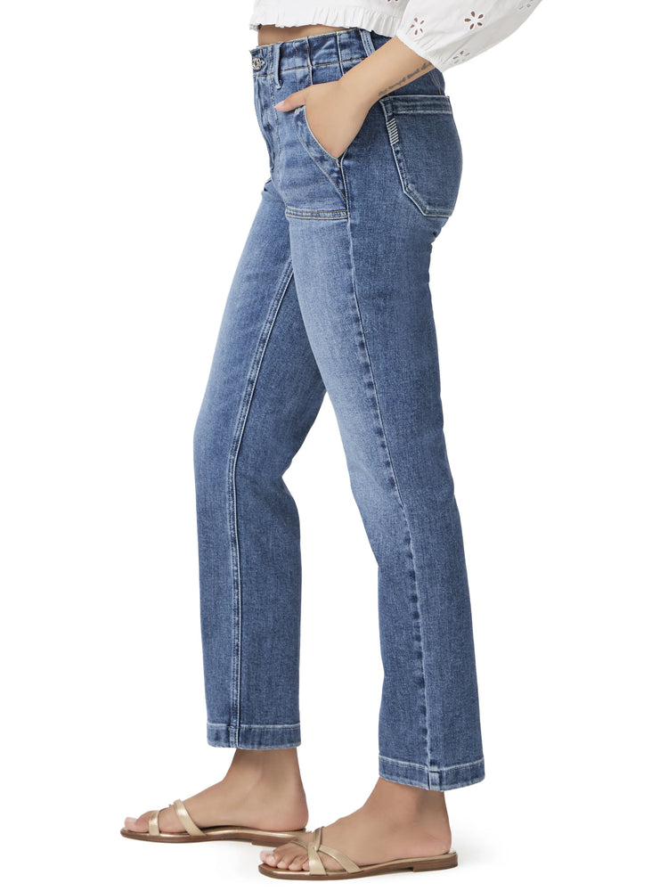 Medium blue high-waisted straight ankle jeans with angled front pockets.