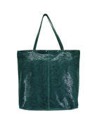 Dark teal tote bag with snakeskin-embossed texture and two shoulder straps.