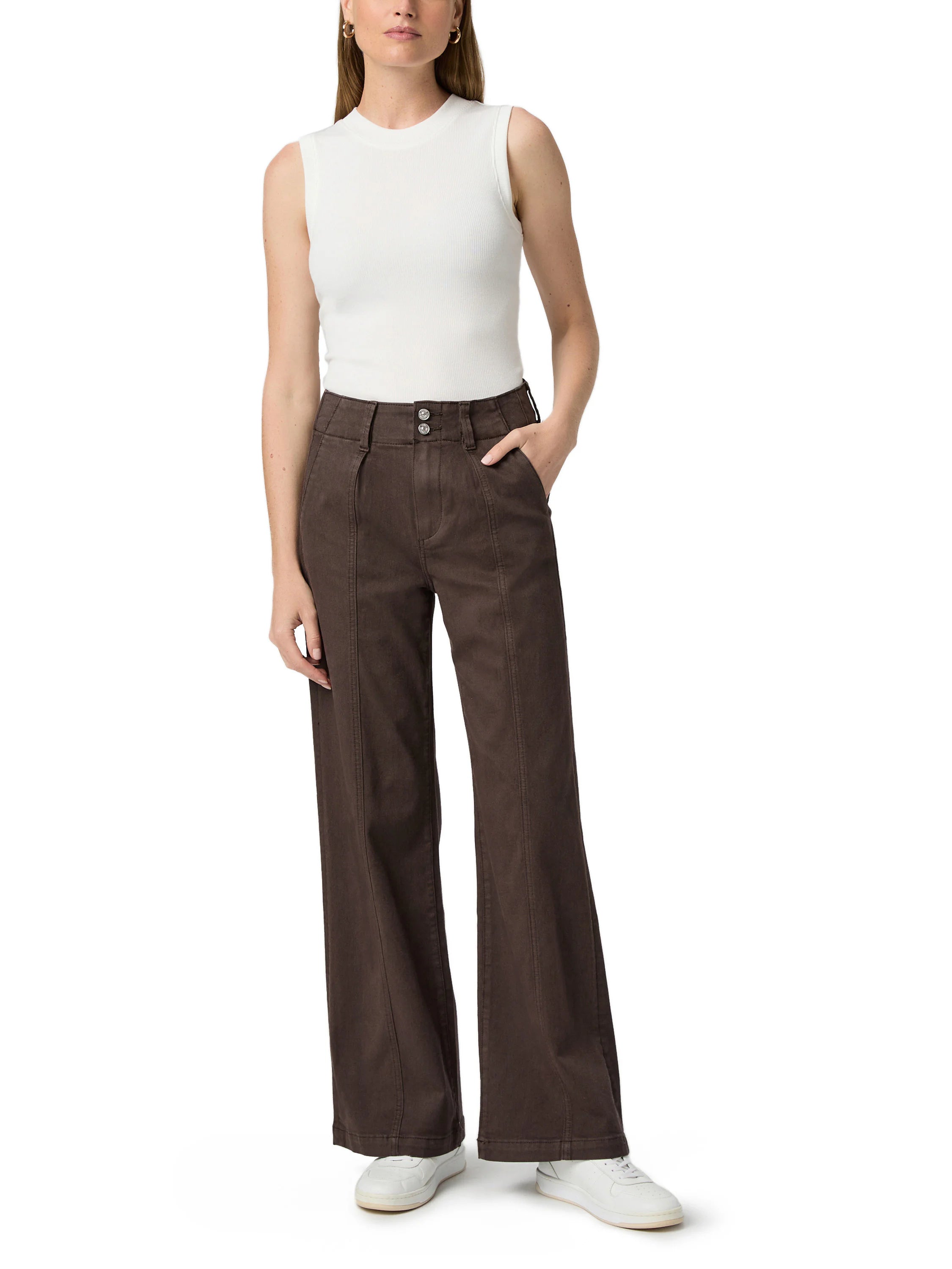Dark brown wide-leg jeans with a wide waistband, two silver buttons, and vertical front seams.