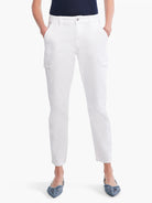 White cargo pants;  ankle length,  two side cargo pockets.