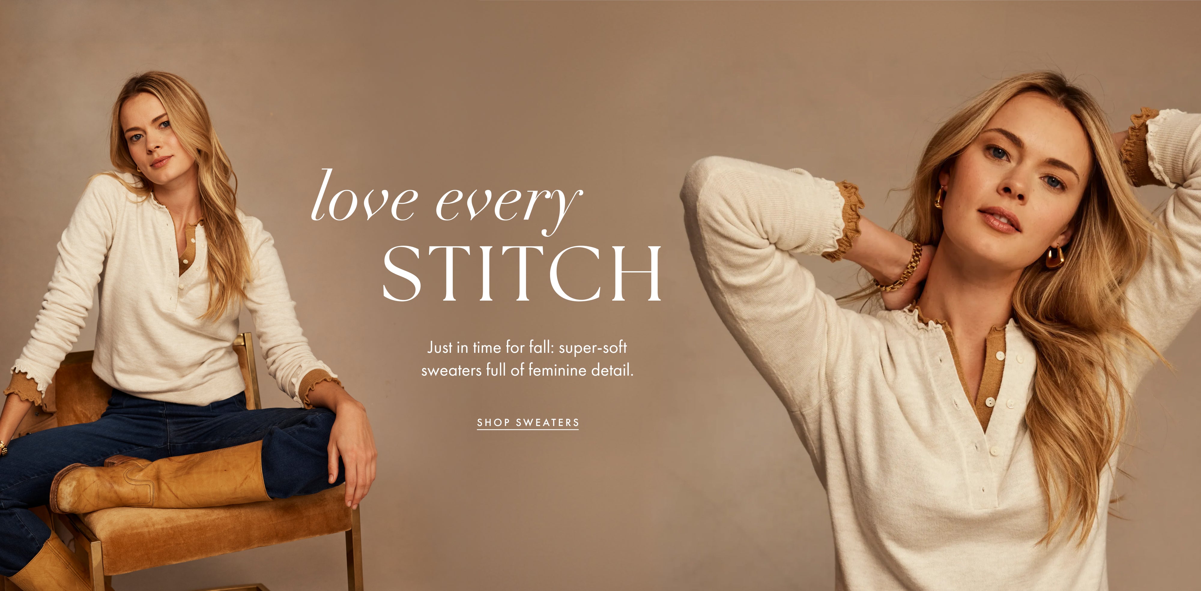 A promotional fashion banner featuring a blonde model wearing a cream knit sweater in two poses against a warm beige studio background. Text in the center reads 'love every STITCH' with smaller copy below and a 'SHOP SWEATERS' link, plus a brown chair on the left.