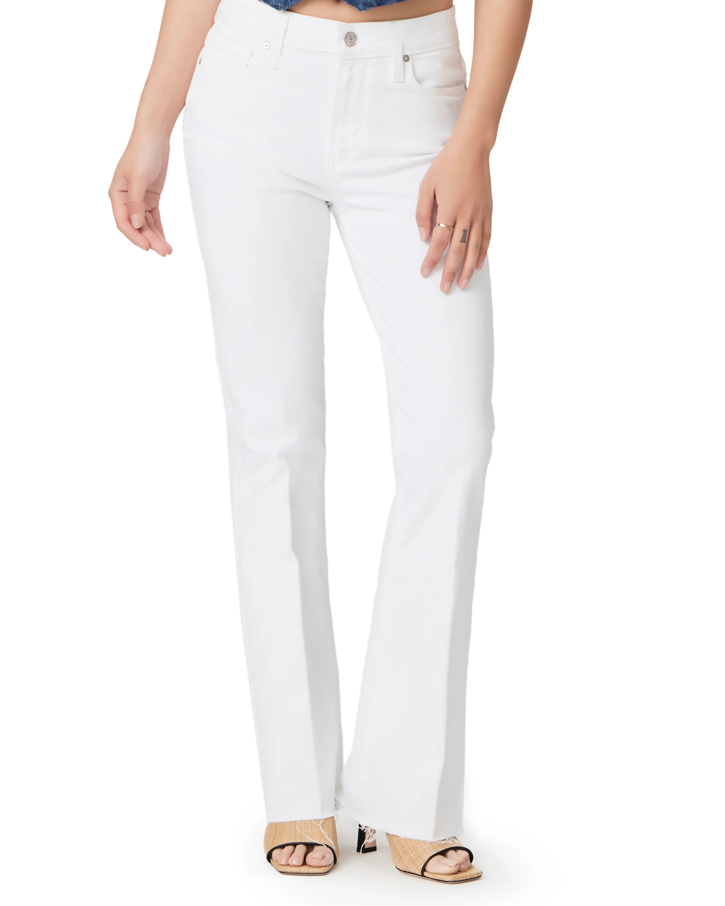 White high-rise bootcut jeans with frayed hems, silver button, and front pockets.