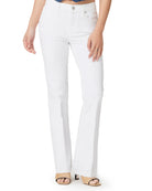 White high-rise bootcut jeans with frayed hems, silver button, and front pockets.